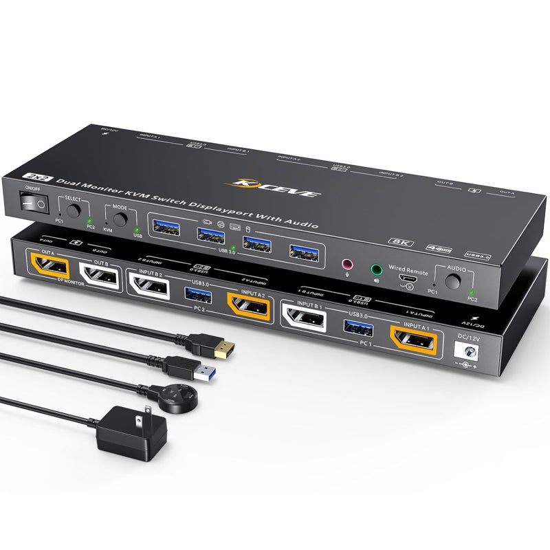 مبدل KVM لمنفذ DisplayPort: دقة 8K بمعدل 30 هرتز ودقة 4K بمعدل 144 هرتز، تحكم فعال، أوضاع عرض متعددة - عرض عالي الوضوح، محور USB لمساحة عمل ثنائية الحواسيب - Image 1