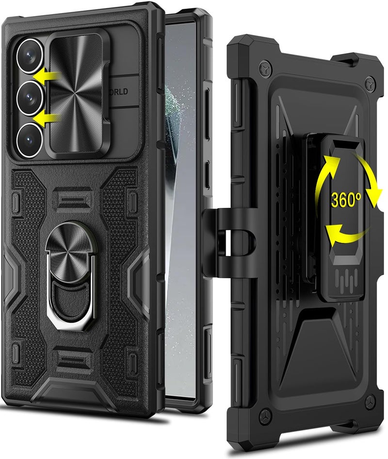 Caka for Samsung Galaxy S24 Ultra Case with Belt Clip Holster Slide Camera Cover Built-in 360Â° Rotate Ring Holder Stand Heavy Duty Shockproof Protective S24 Ultra Case 2024, Black - Image 1