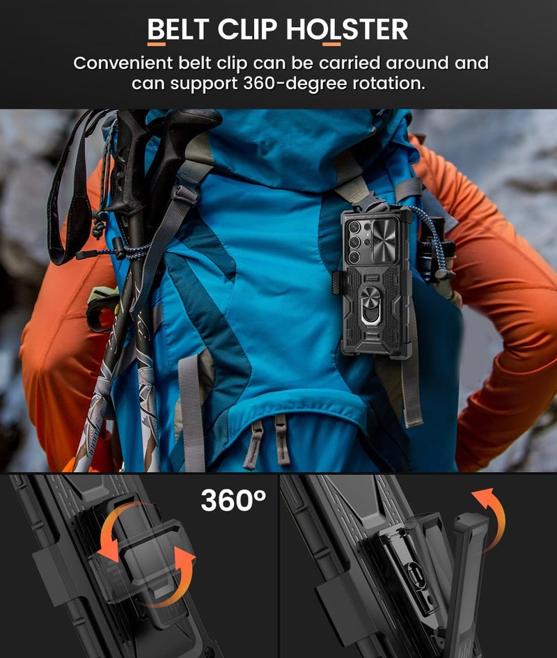 Caka for Samsung Galaxy S24 Ultra Case with Belt Clip Holster Slide Camera Cover Built-in 360Â° Rotate Ring Holder Stand Heavy Duty Shockproof Protective S24 Ultra Case 2024, Black - Image 5