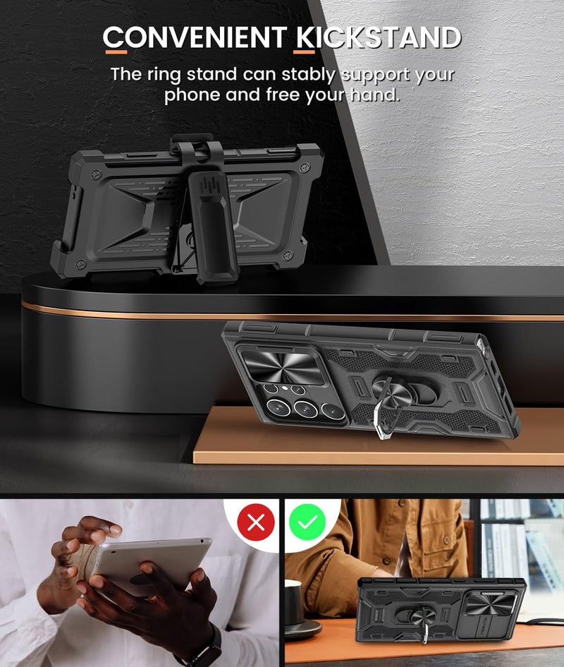 Caka for Samsung Galaxy S24 Ultra Case with Belt Clip Holster Slide Camera Cover Built-in 360Â° Rotate Ring Holder Stand Heavy Duty Shockproof Protective S24 Ultra Case 2024, Black - Image 4