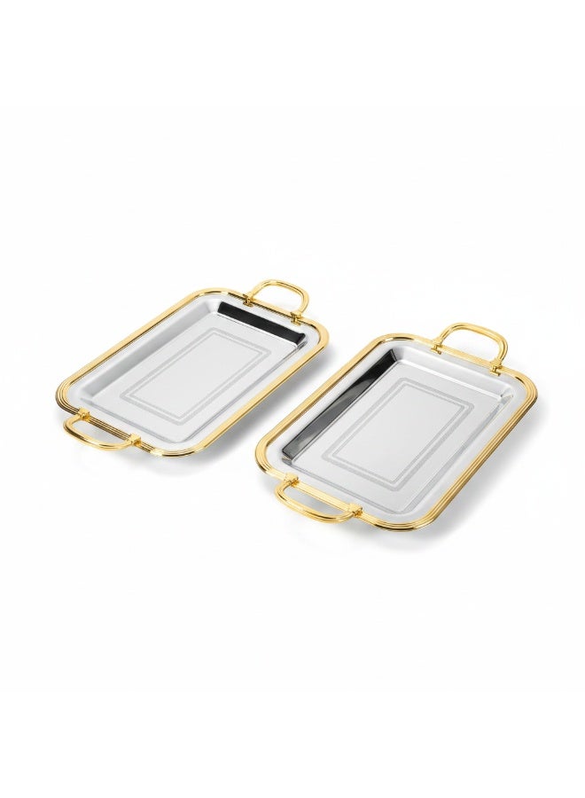 Najib 2-Piece Rectangular Silver Stainless Steel Serving Tray Set with Golden Handles, Durable Multipurpose Serving Platters for Home Kitchen & Dining – 36 x 26 cm, 43 x 30 cm - Image 1