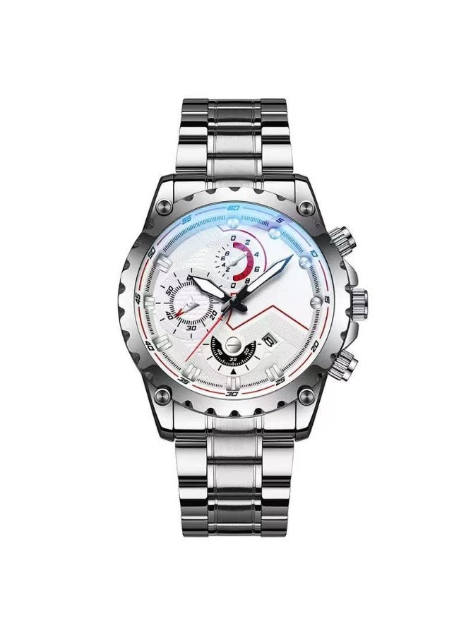 Silver Men's Watch Trendy Stainless Steel Waterproof Calendar Male Fashion Quartz Clock  - Image 1