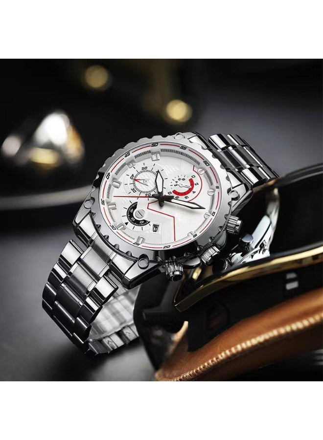 Silver Men's Watch Trendy Stainless Steel Waterproof Calendar Male Fashion Quartz Clock  - Image 2