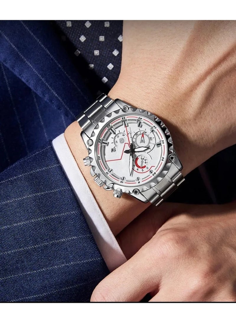 Silver Men's Watch Trendy Stainless Steel Waterproof Calendar Male Fashion Quartz Clock  - Image 3