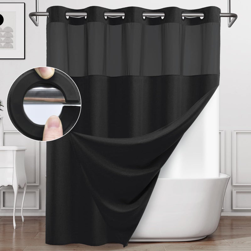 WONICY No Hook Shower Curtain with Snap in Liner  Polyester Textured Shower Curtain with Liner Set  Waterproof Washable Hotel Style Shower Curtains for Bathroom  71Wx77H  Black - Image 1
