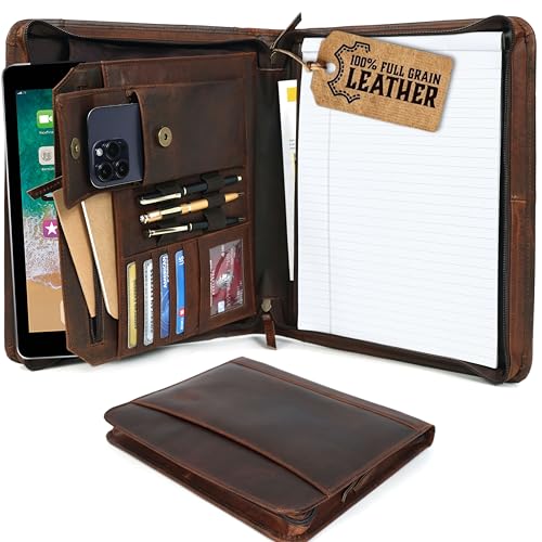 LEATHER TOWN Leather Portfolio for Men, Portfolio Organizer with Zipper for Men Women, Leather Padfolios Business Resume Legal Pad Notebook Binder for A4/Pad (Brown) - Image 1