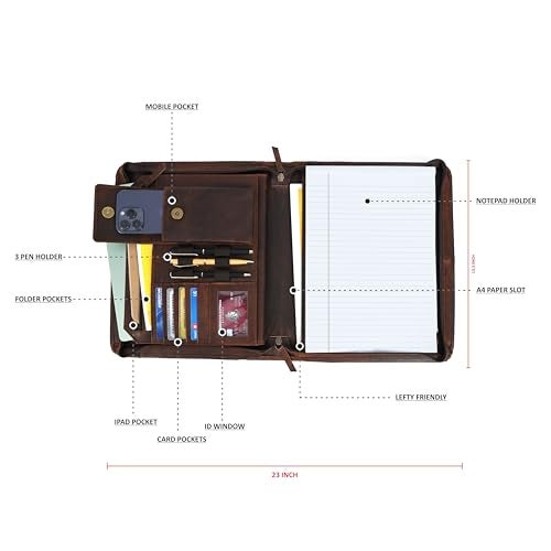 LEATHER TOWN Leather Portfolio for Men, Portfolio Organizer with Zipper for Men Women, Leather Padfolios Business Resume Legal Pad Notebook Binder for A4/Pad (Brown) - Image 2