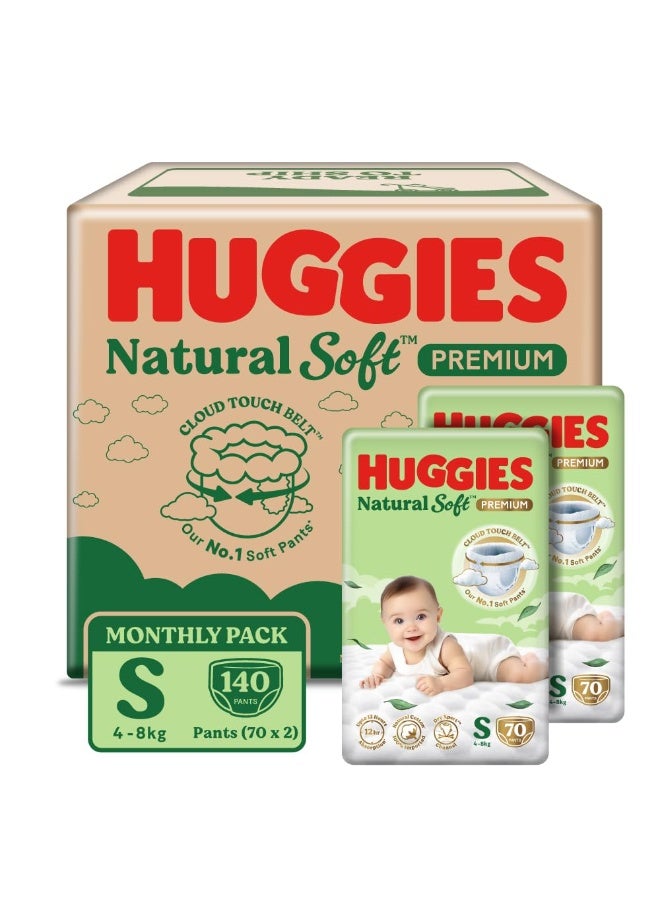 Huggies Natural Soft Premium Baby Diaper Pants, Our No.1 Soft Pants, Small (S) Size (4-8 Kgs), Monthly Pack of 140 diapers | Cloud Softness All over with India's 1st Cloud Touch BeltTM (70 count, Pack of 2) - Image 1