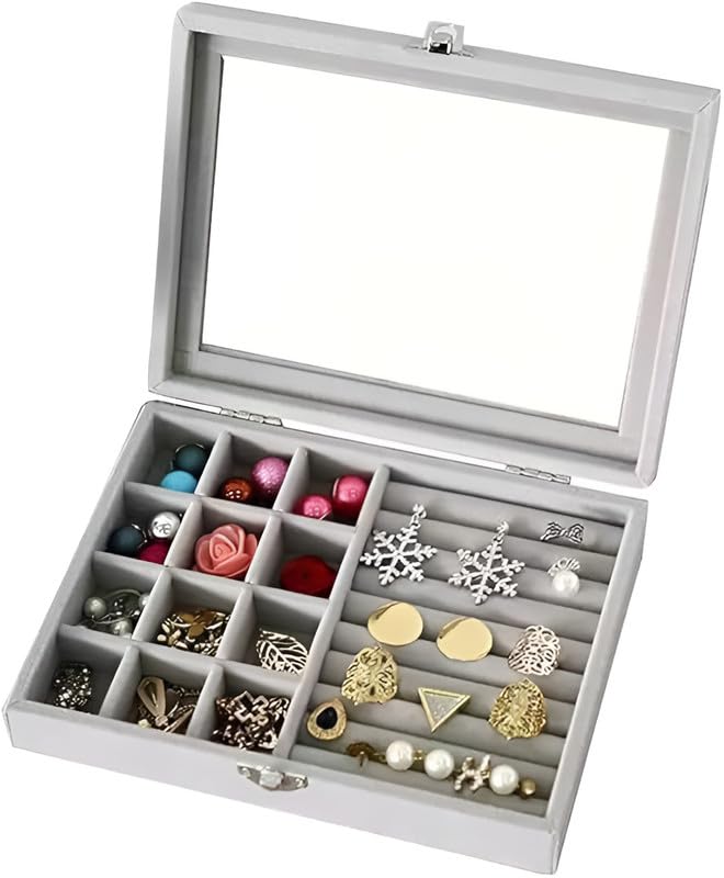 Circle M Grey Jewelry Box - Travel Accessories Organizer with Multiple Compartments for Necklaces, Earrings, Rings - Portable Case for Secure Storage, Elegant Design