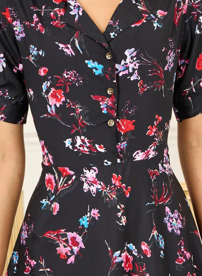 ستايلي Floral Print Notch Lapel Collar A-Line Maxi Dress