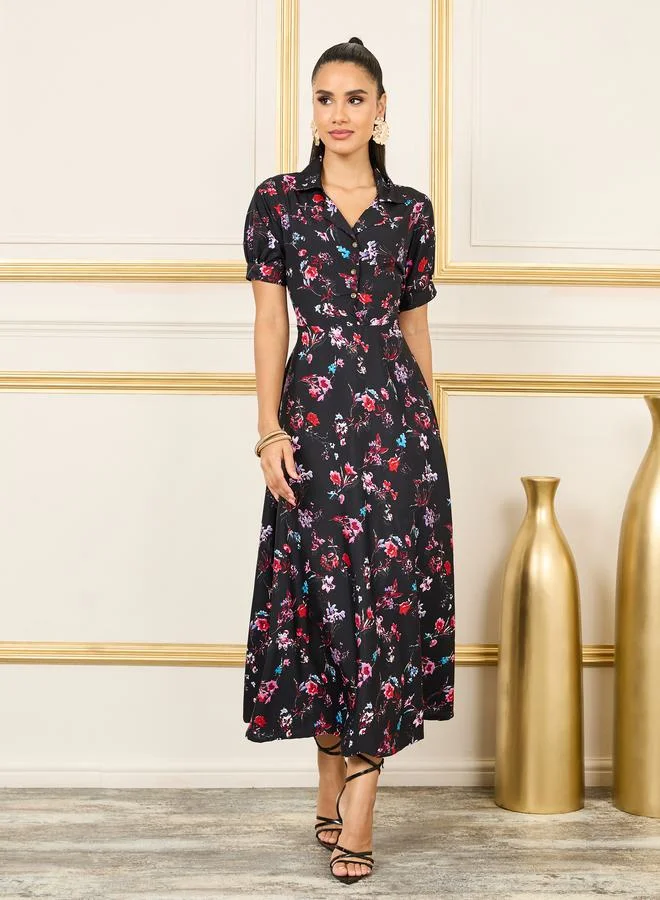 ستايلي Floral Print Notch Lapel Collar A-Line Maxi Dress