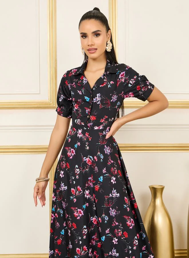 ستايلي Floral Print Notch Lapel Collar A-Line Maxi Dress