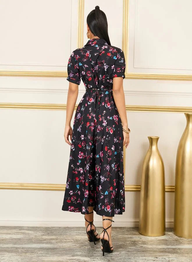 ستايلي Floral Print Notch Lapel Collar A-Line Maxi Dress