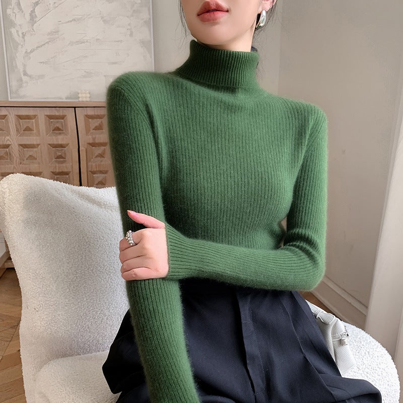 2024 Autumn and Winter New Andy Velvet Knitted Sweater Womens High Lapel Drawdown Solid Color Sweater Slim-fit Slim Sweater Leaf green - Image 1