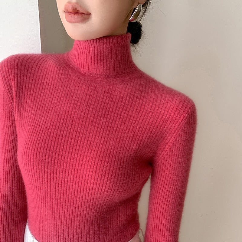 2024 Autumn and Winter New Andy Velvet Knitted Sweater Womens High Lapel Drawdown Solid Color Sweater Slim-fit Slim Sweater Leaf green - Image 2