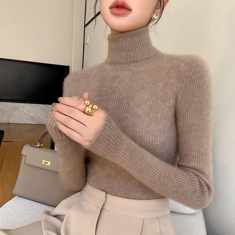 2024 Autumn and Winter New Andy Velvet Knitted Sweater Womens High Lapel Drawdown Solid Color Sweater Slim-fit Slim Sweater Leaf green - Image 5