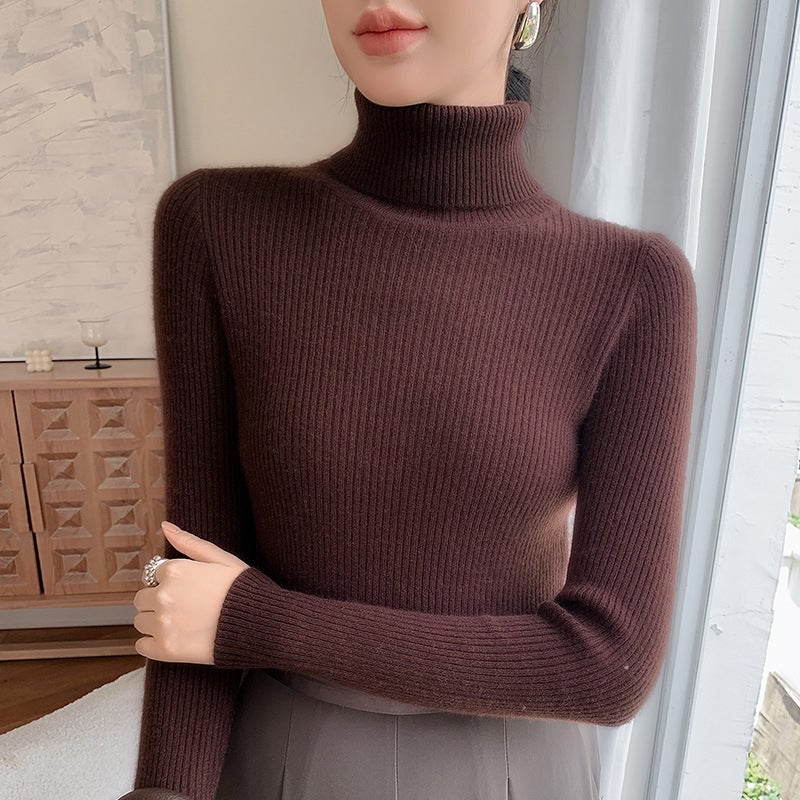 2024 Autumn and Winter New Andy Velvet Knitted Sweater Womens High Lapel Drawdown Solid Color Sweater Slim-fit Slim Sweater Leaf green - Image 4