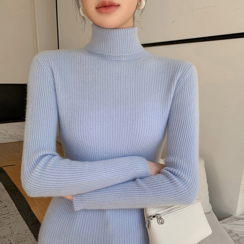 2024 Autumn and Winter New Andy Velvet Knitted Sweater Womens High Lapel Drawdown Solid Color Sweater Slim-fit Slim Sweater Leaf green - Image 3