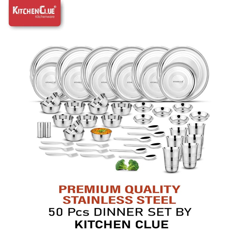 KITCHEN CLUE Heavy Guage Quality Stainless Steel Dinner Set 50 Pieces 100 Food Grade Quality Beautifully Design with Silver Touch Finish Which Makes It Exclusive Highly Durable - Image 3