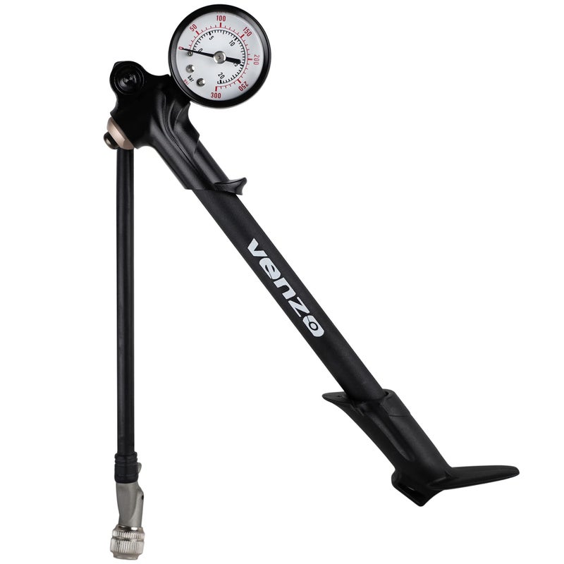 VENZO Bike Bicycle 300 PSI High Pressure Dual Double Face with Gauge Fork Shock Rear Suspension Mini Air Pump for Mountain MTB Downhill Fork - No Air Loss Nozzle - Image 1