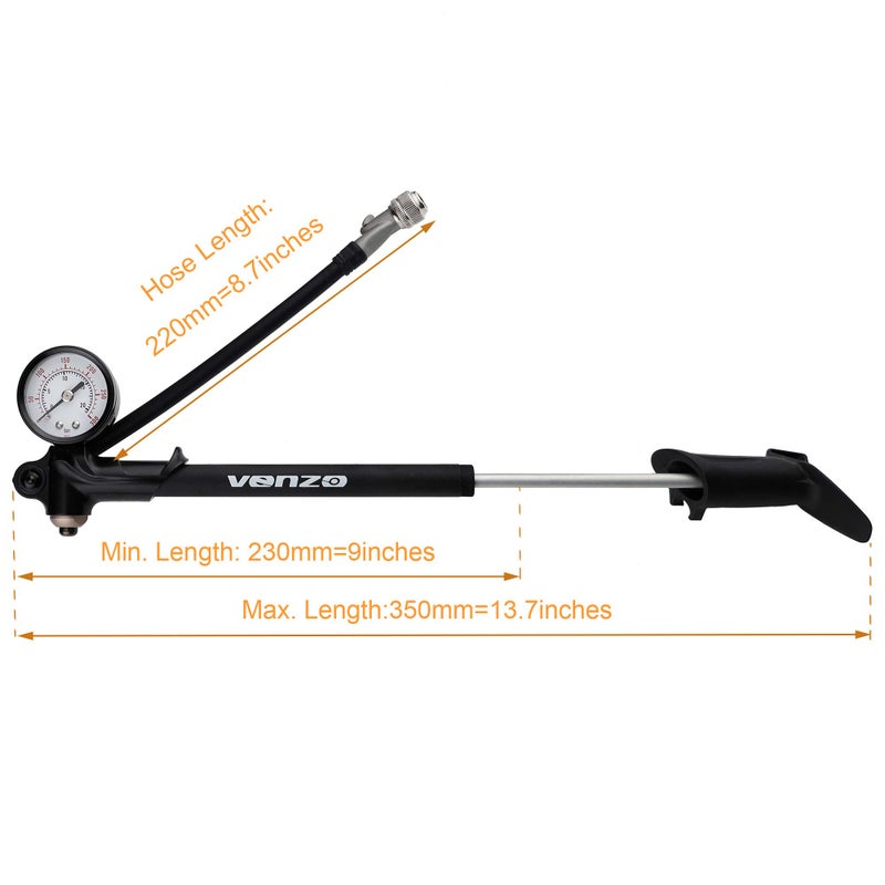 VENZO Bike Bicycle 300 PSI High Pressure Dual Double Face with Gauge Fork Shock Rear Suspension Mini Air Pump for Mountain MTB Downhill Fork - No Air Loss Nozzle - Image 2