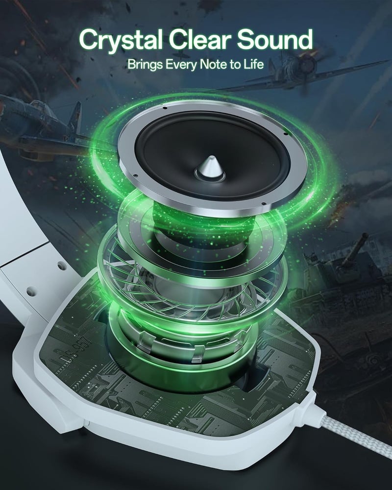 نوبو سماعات ألعاب NUBWO N16 لأجهزة Xbox، PS5، PS4، PC، NS، Mac - سماعات فوق الأذن مع ميكروفون، صوت ستيريو، سماعات سلكية بموصل 3.5 مم (أبيض/أخضر) - Image 3