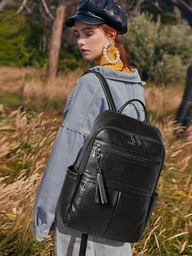 Mroede Leather Laptop Backpack for Women, 15.6" Causal Daypack Backpacks Purse Computer Backpack with Laptop Compartment for Travel Work College Business, Black - Image 2