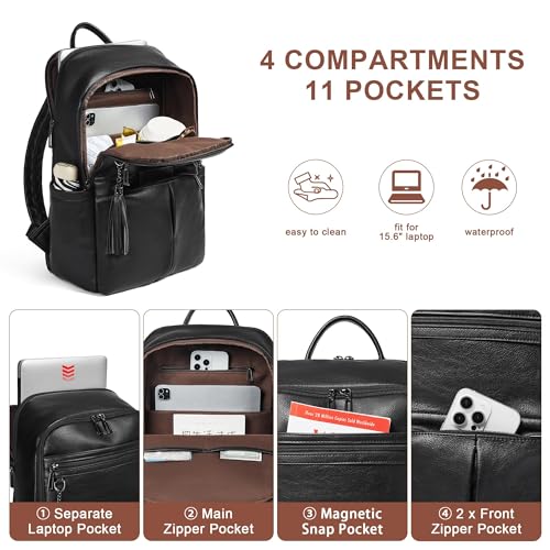Mroede Leather Laptop Backpack for Women, 15.6" Causal Daypack Backpacks Purse Computer Backpack with Laptop Compartment for Travel Work College Business, Black - Image 4