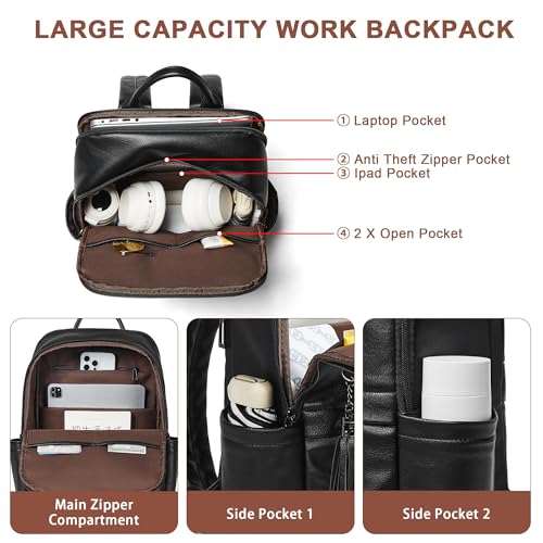 Mroede Leather Laptop Backpack for Women, 15.6" Causal Daypack Backpacks Purse Computer Backpack with Laptop Compartment for Travel Work College Business, Black - Image 5