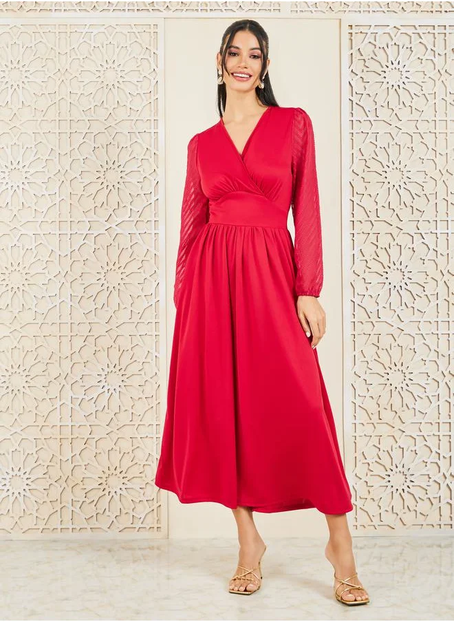 Styli Zig Zag Texture Sleeves A-Line Midi Dress