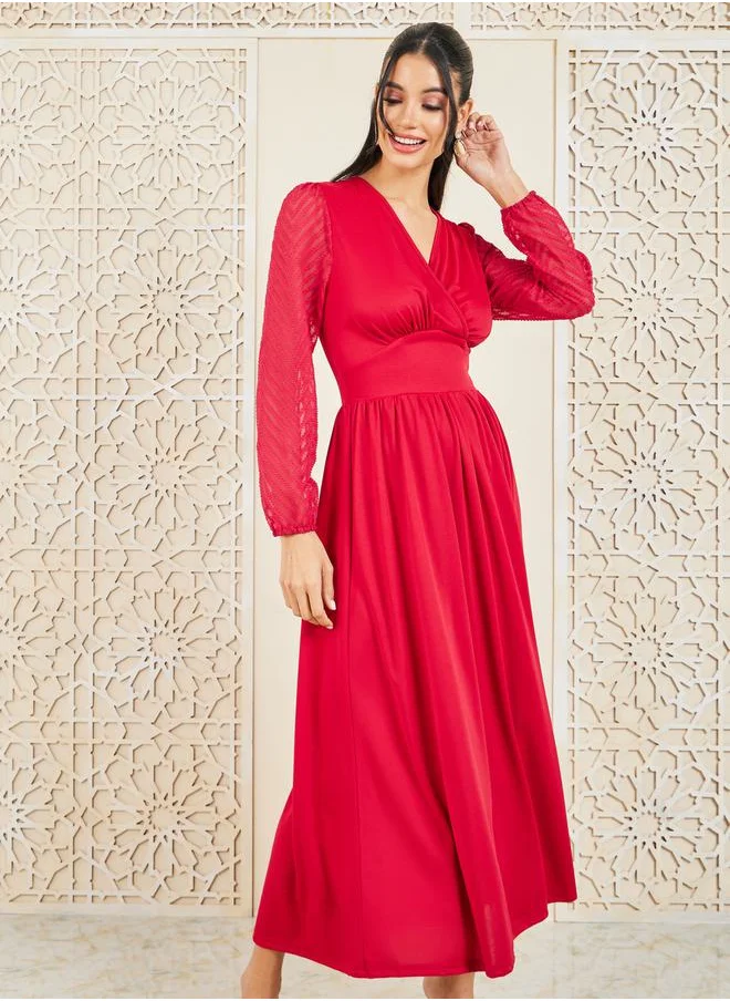 Styli Zig Zag Texture Sleeves A-Line Midi Dress