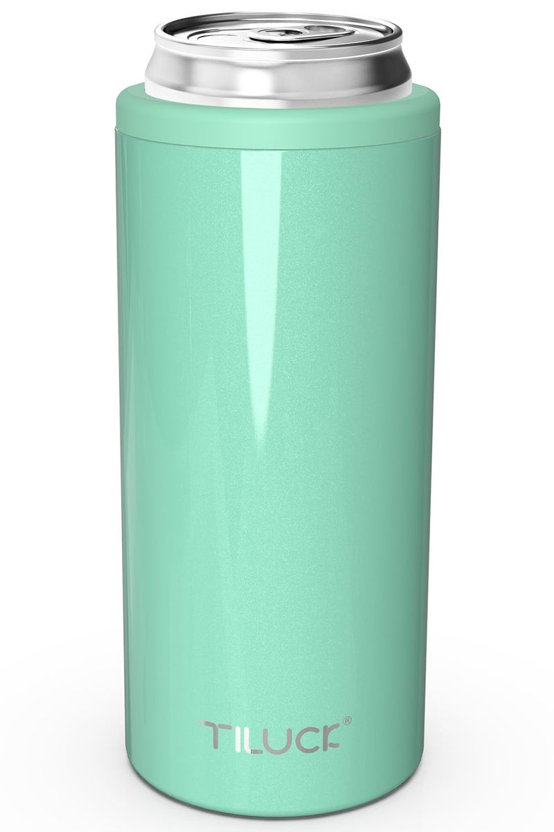 TILUCK Skinny Can Cooler for Slim Beer & Hard Seltzer, Stainless Steel, Doucle-Walled Stainless Steel Insulated Slim Cans, Standard 12 oz (Glitter Aqua) - Image 1