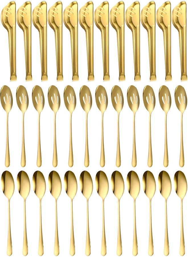 Sabary 36 Pcs Stainless Steel Serving Utensils for Buffet Parties Including 12 Serving Spoons 12 Slotted Spoons 12 Serving Tongs Large Metal Flatware Set for Tanksgiving Catering Banquet(Gold) - Image 1