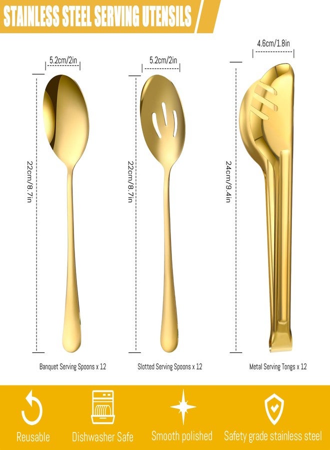Sabary 36 Pcs Stainless Steel Serving Utensils for Buffet Parties Including 12 Serving Spoons 12 Slotted Spoons 12 Serving Tongs Large Metal Flatware Set for Tanksgiving Catering Banquet(Gold) - Image 2