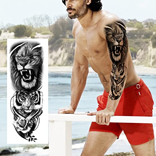 PADOUN Animal Temporary Tattoo Sleeve, 8-Sheet Large Temporary Tattoos Women Full Sleeve Temporary Tattoos, Wolf Lion Tiger Tattoos for Adults Men Waterproof Black - Image 2