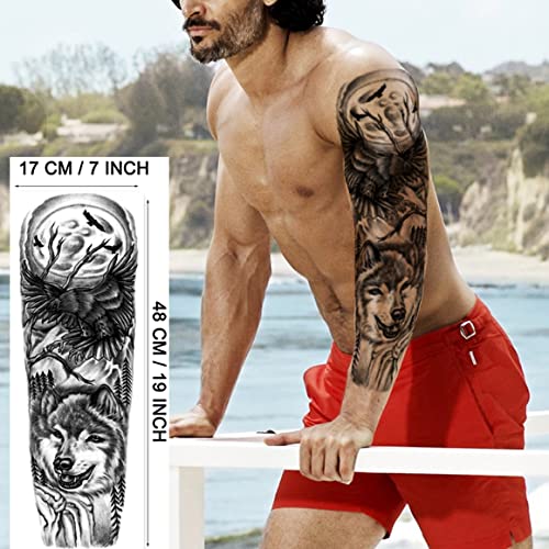 PADOUN Animal Temporary Tattoo Sleeve, 8-Sheet Large Temporary Tattoos Women Full Sleeve Temporary Tattoos, Wolf Lion Tiger Tattoos for Adults Men Waterproof Black - Image 3