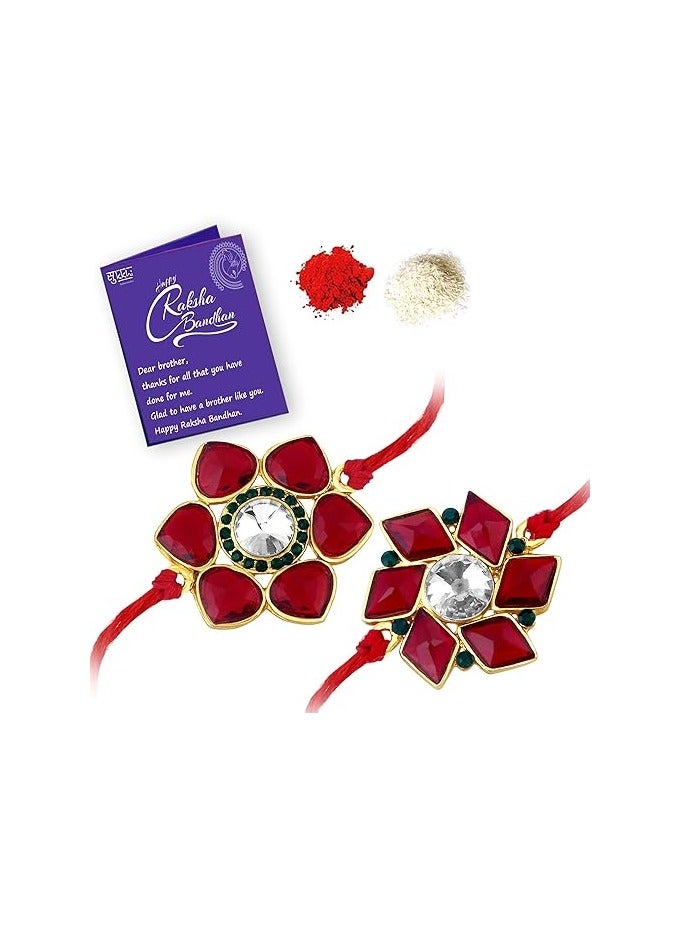Sukkhi Rakhi Sophisticated Kundan Rakhi Combo & Designer Gold Plated Premium Rakhi for Brother, Roli Chawal & Greeting Card|Rakhi for Bhaiya|Rakhi for MEN|Kundan Rakhi|Rakhi Combo-Set of 2 - Image 1