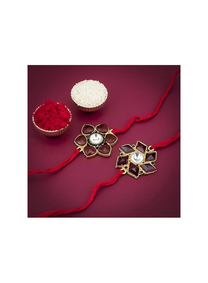 Sukkhi Rakhi Sophisticated Kundan Rakhi Combo & Designer Gold Plated Premium Rakhi for Brother, Roli Chawal & Greeting Card|Rakhi for Bhaiya|Rakhi for MEN|Kundan Rakhi|Rakhi Combo-Set of 2 - Image 2