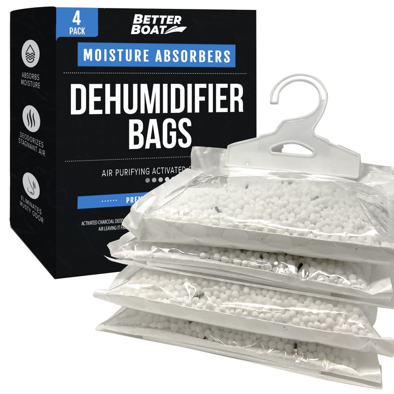 Better Boat 4 Pack Moisture Absorber Hanging Bags, Boat Dehumidifier with Charcoal, Unscented, Removes Dampness and Musty Odors, Ideal for Basement, Closet, Home, Car, RV, and Boating - Image 1