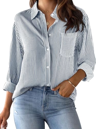 CUNLIN Womens Dark Blue Shirt for Women Dress Long Sleeve Navy Tops Button Down Shirts Linen Up Striped Fashion Cotton Midnight Blue Size M - Image 1
