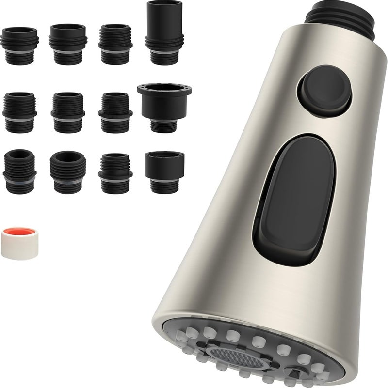 Hibbent 3-Function Pull Down Kitchen Faucet Head Replacement with 12 Adapters, NSF/ANSI/CAN 61 & CUPC Certified Sink Spray Nozzle, Compatible with Moen, Delta, Kohler Faucets, Brushed Nickel - Image 1