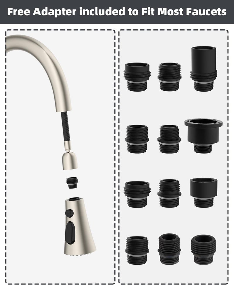 Hibbent 3-Function Pull Down Kitchen Faucet Head Replacement with 12 Adapters, NSF/ANSI/CAN 61 & CUPC Certified Sink Spray Nozzle, Compatible with Moen, Delta, Kohler Faucets, Brushed Nickel - Image 2