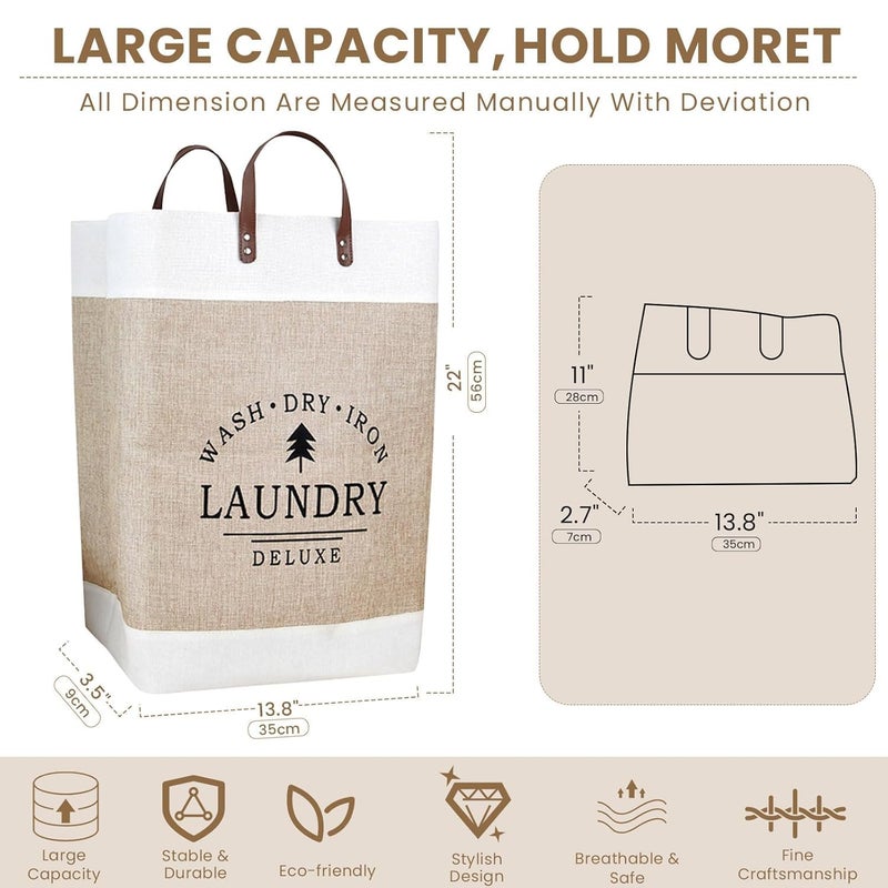COYRASTH Large Linen Clothes Hamper Laundry Basket Organizer Patchwork Laundry Basket with Pu Leather Handle for Storage Toys and Clothing in Bedroom Bathroom Foldable - Image 2