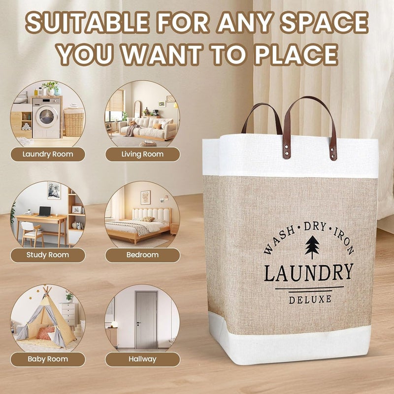 COYRASTH Large Linen Clothes Hamper Laundry Basket Organizer Patchwork Laundry Basket with Pu Leather Handle for Storage Toys and Clothing in Bedroom Bathroom Foldable - Image 4