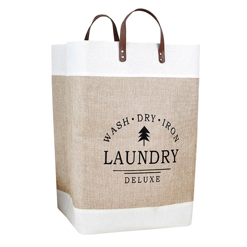 COYRASTH Large Linen Clothes Hamper Laundry Basket Organizer Patchwork Laundry Basket with Pu Leather Handle for Storage Toys and Clothing in Bedroom Bathroom Foldable - Image 1