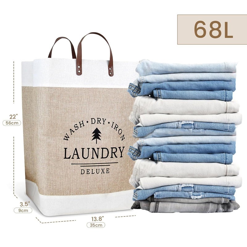 COYRASTH Large Linen Clothes Hamper Laundry Basket Organizer Patchwork Laundry Basket with Pu Leather Handle for Storage Toys and Clothing in Bedroom Bathroom Foldable - Image 5