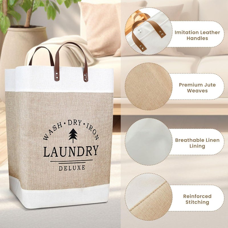COYRASTH Large Linen Clothes Hamper Laundry Basket Organizer Patchwork Laundry Basket with Pu Leather Handle for Storage Toys and Clothing in Bedroom Bathroom Foldable - Image 3