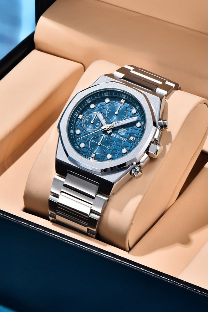 BENYAR Men's Quartz Watches Luxury Stainless Steel Waterproof Wrist Watch for Men Unique Design Sports Casual Watches,Blue - Image 3