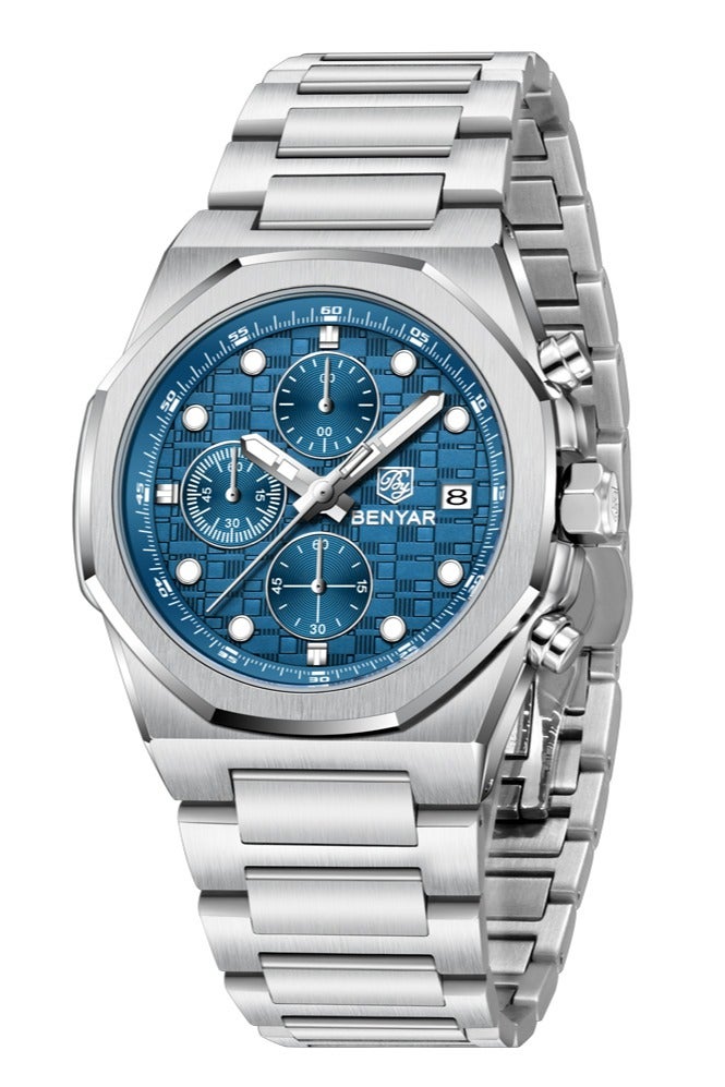 BENYAR Men's Quartz Watches Luxury Stainless Steel Waterproof Wrist Watch for Men Unique Design Sports Casual Watches,Blue - Image 1
