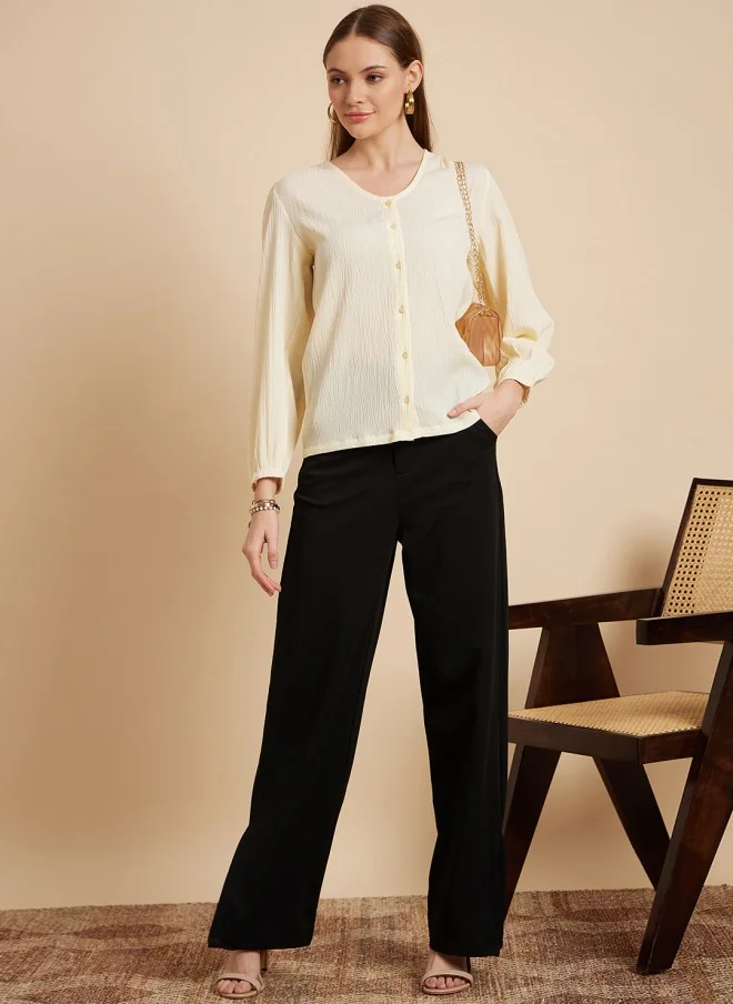 MINT STREET Cream Puff Sleeve Shirt Style Top for Women